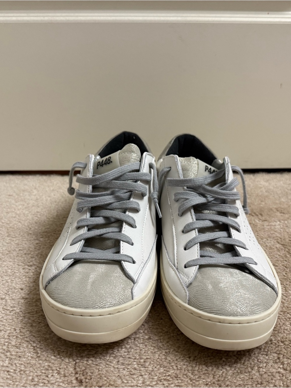 P448 Women’s White Sneakers with Silver Metallic Toe
